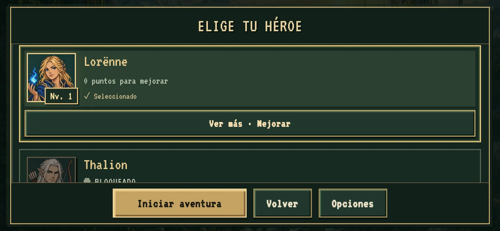Selección de héroe con Lorënne y Thalion
