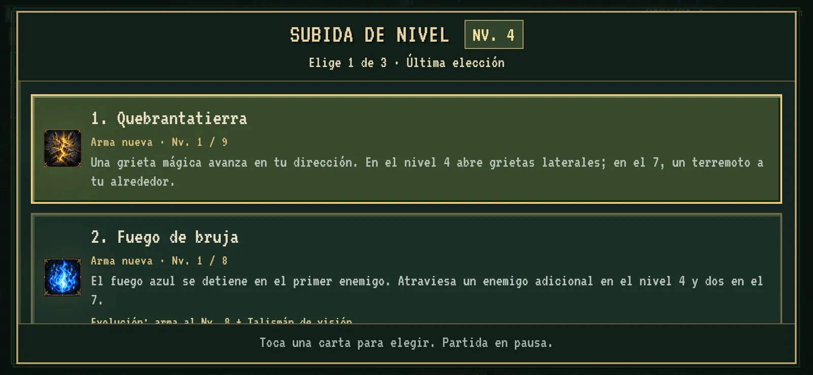 Pantalla de subida de nivel con cartas de armas nuevas