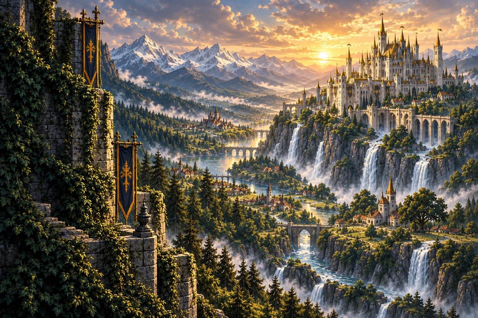 Ilustración del reino dorado con cascadas y castillo